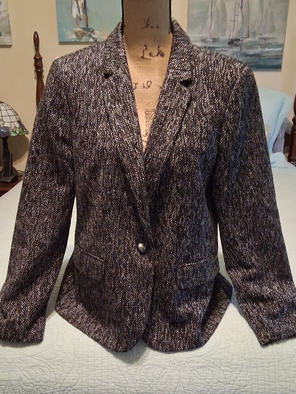 Loft Women’s Black & Gray Tweed Single-Button Blazer
